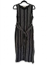 Loft Women’s Eyelash Striped Midi Dress Black White Sleeveless Tie Waist Slit