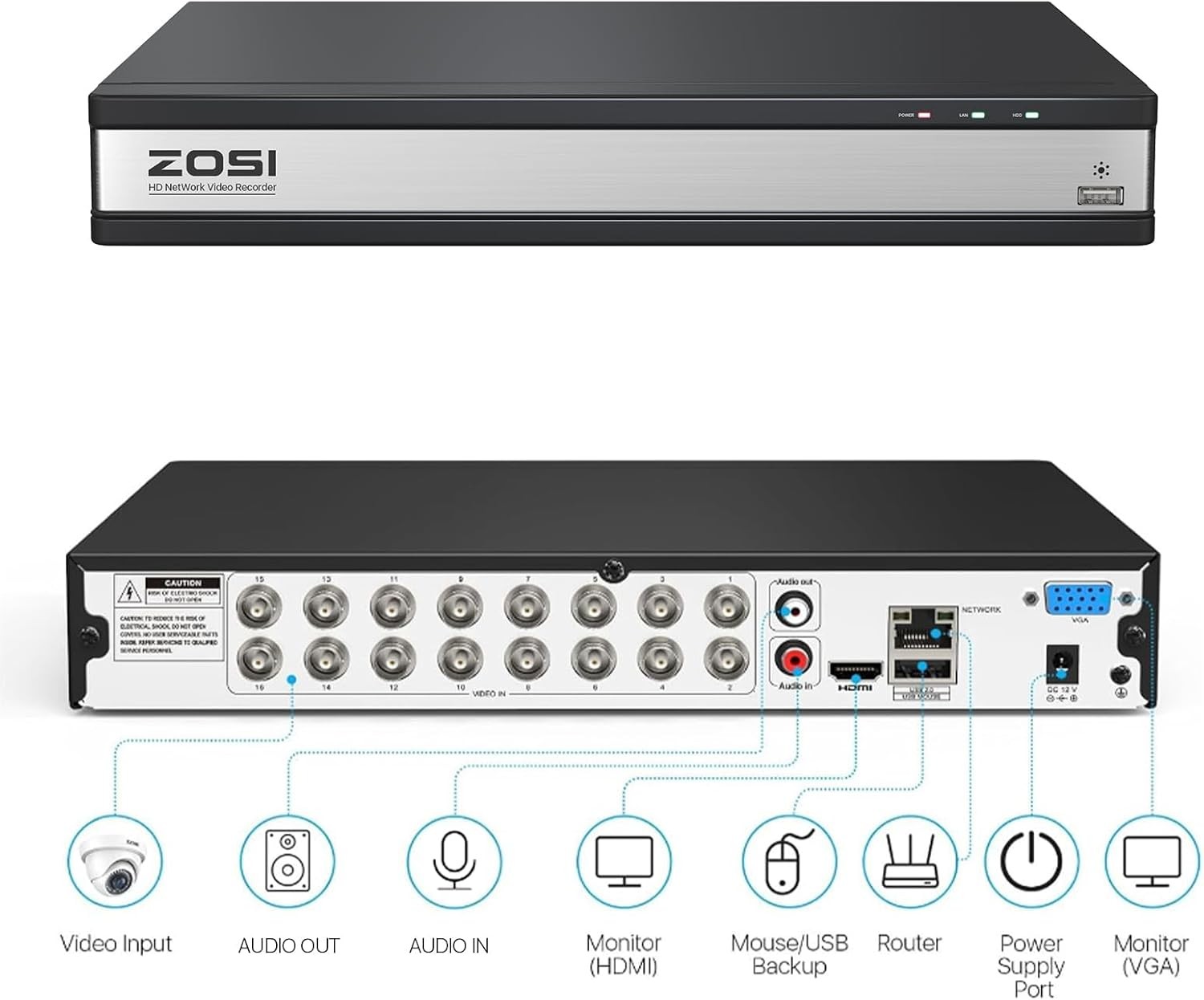 ZOSI H.265+16CH 2TB HDD 16PK 1080P Full HD Outdoor Security Cameras System 80ft