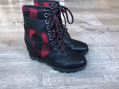 Sorel Lexie Wedge Ankle Boots Womens Size 7.5 Checkered Red Black Leather
