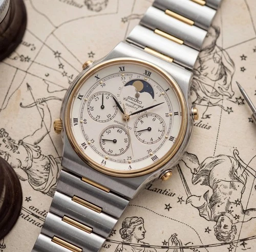 Seiko 7A48-7000 w/ Box & Papers Vintage 15J Quartz Moonphase Chronograph Watch