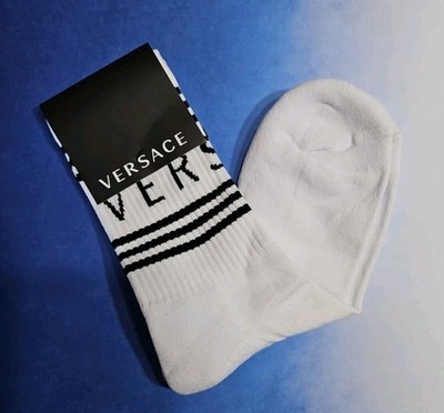Versace Socks Men Cotton Stretch Logo Crew Socks White Black Medium Luxury Socks