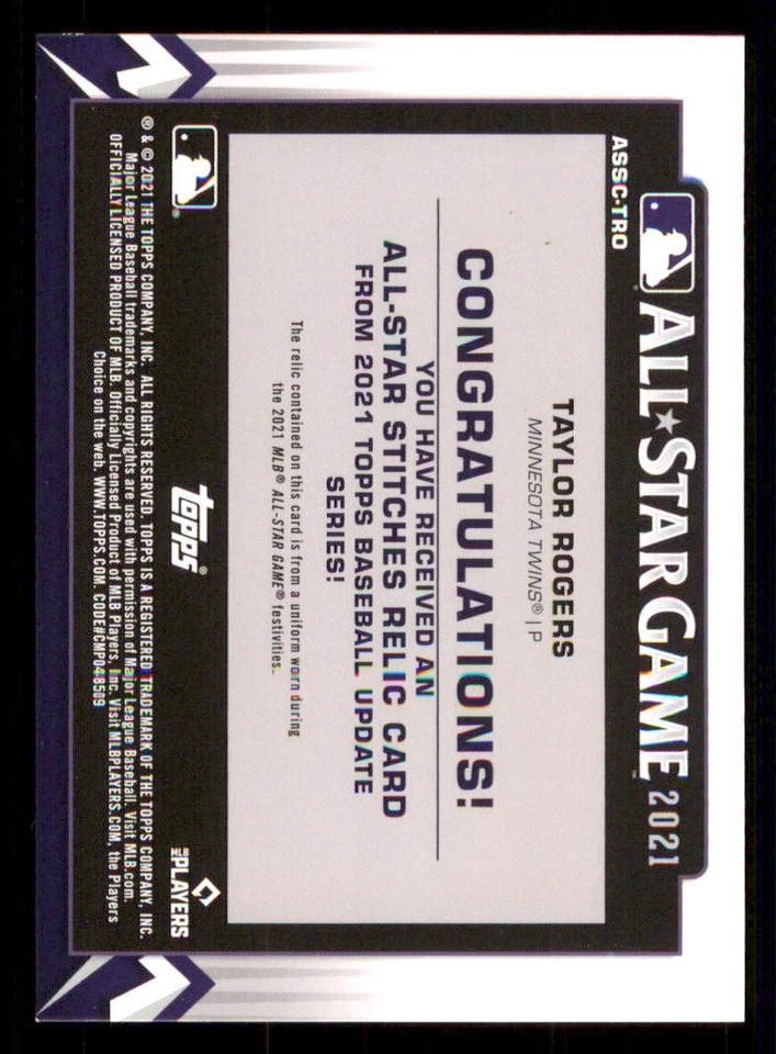 2021 Topps Update All-Star Stitches Relics #ASSCTRO Taylor Rogers - Image 2 of 2