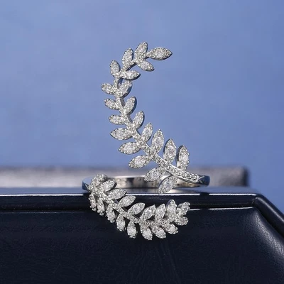 Damen Ring Silber 925 Plattiert Zirkonia Steine Blätter Ring Verstellbar elegant - Bild 1 von 4