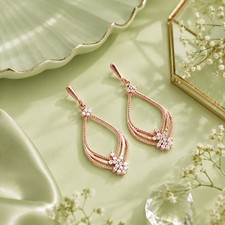 Rose Gold Tone Teardrop Dangle Earrings CZ Crystal Floral Drop Earrings 2.7g