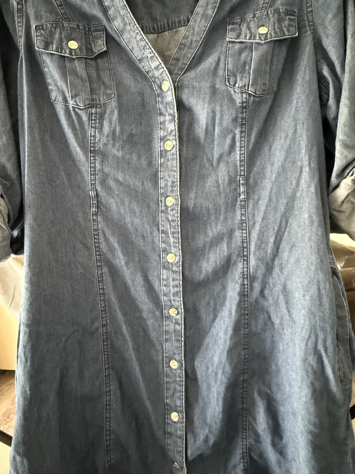 Guess Womens Button Down Roll Tab Sleeves Blue 100% Cotton Midi Dress Size Large - Image 2 of 4