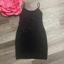 VTG BRILLIANTE By JA Sz S Black Shimmer Floral Tulips Beaded Knit Sweater Dress