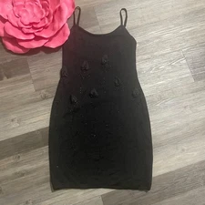 VTG BRILLIANTE By JA Sz S Black Shimmer Floral Tulips Beaded Knit Sweater Dress