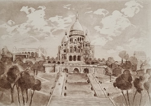 Engraving "Paris - BASILIQUE LE SACRÉ COEUR" Landscape City Steps