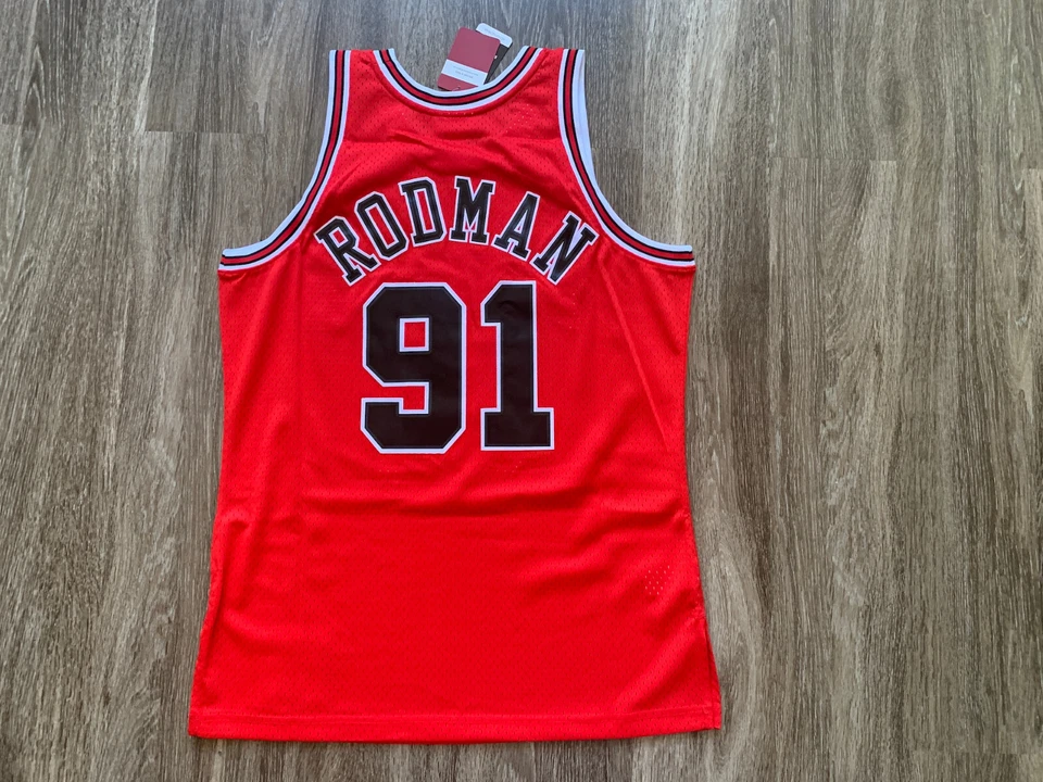 Camiseta deportiva 100 % auténtica Dennis Rodman Chicago Bulls Road roja Swingman retro Foto 3 de 4