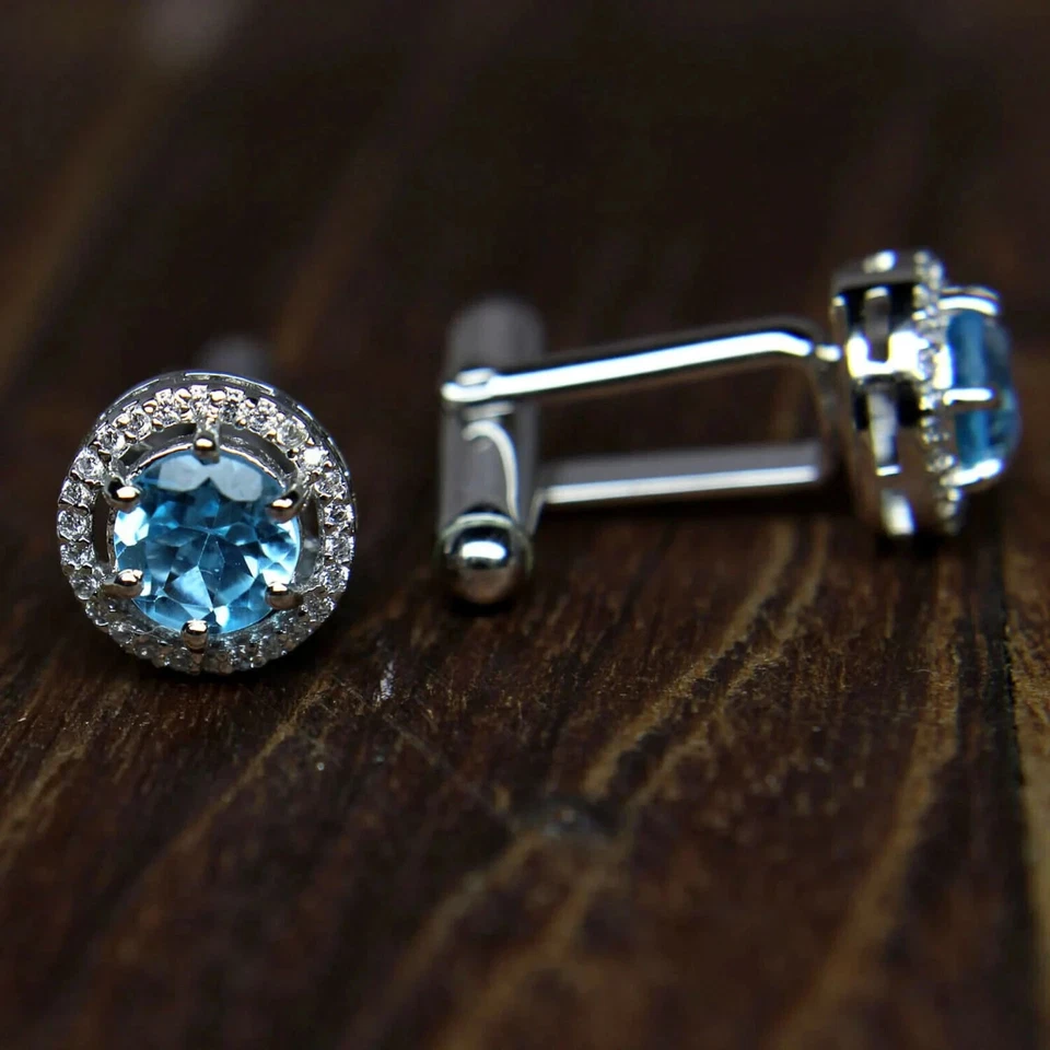 Gemelos hechos a mano para novio enchapados en oro amarillo de 14K redondo creado en laboratorio topacio azul Foto 3 de 4