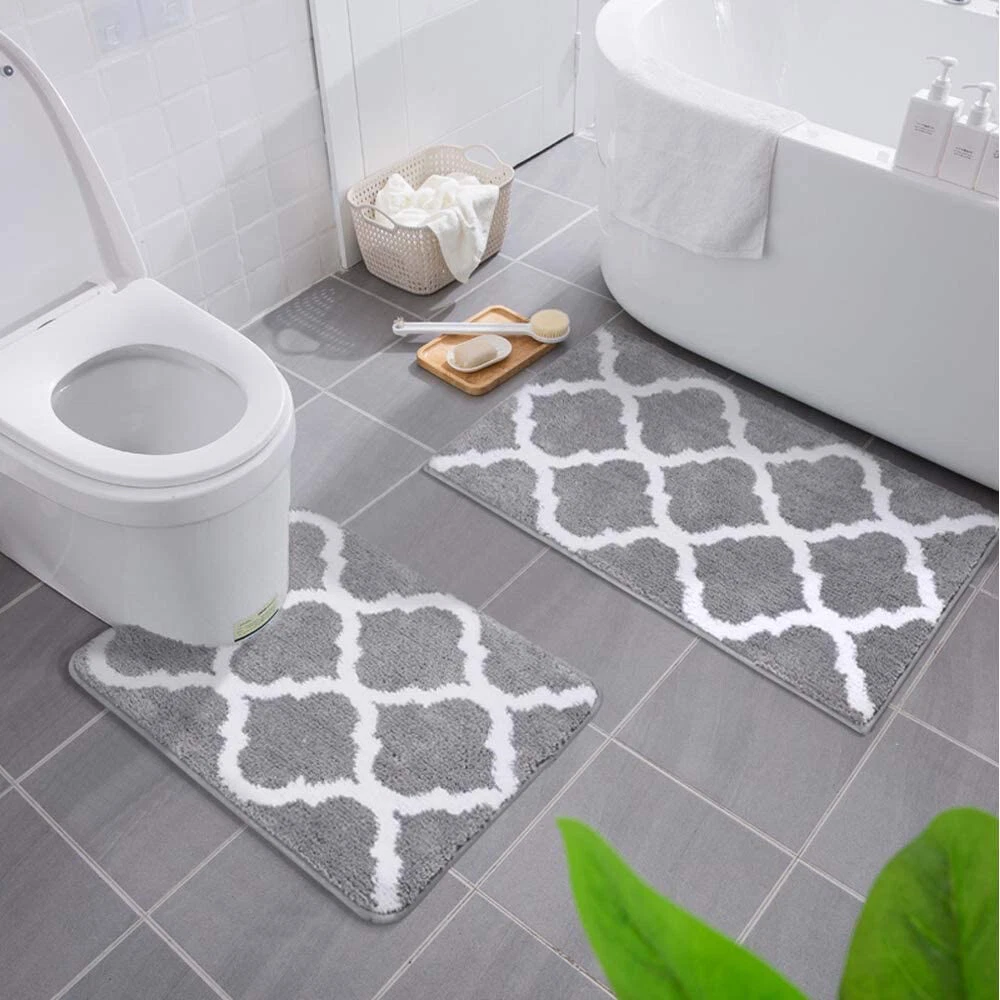 2 Piece Bathroom Rug Set Mat Bath Non Slip Toilet Soft Fluffy White Grey U  Shape