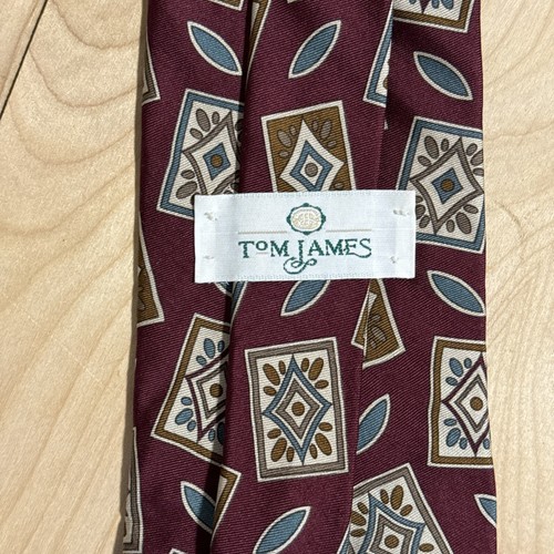 Y2K Vintage Tom James 100% Silk Handmade Geometric Burgundy Blue Tie Necktie - Picture 2 of 10
