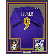 Framed Autographed/Signed Justin Tucker 33x42 Purple Color Rush Jersey JSA COA