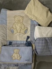 OshKosh Baby Quilt,Sheet, Dust Ruffle,Diaper Sack Teddy Bear Blue Yellow Vintage