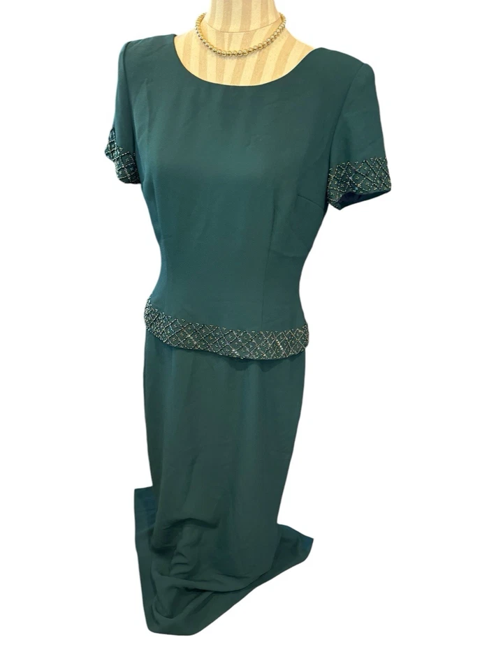 Vestido de Noche Donna Morgan Para Mujer MOB Verde Bosque Cuentas Lentejuelas Vaina Largo Talla 8 Foto 3 de 4