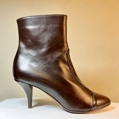 New Made In Italy O Jour Brown Curved Stiletto Leather Ankle Boots, Size 37.5