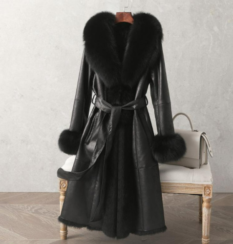 Real Fox Fur Collar Womens Rabbit Fur Lining Parkas Thicken Genuine Leather Coat - Picture 1 of 29