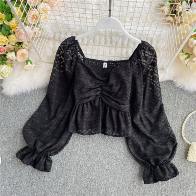 Lady Tops Blouse Shirt Cropped Chiffon Frill Puff Long Sleeve Casual Sweet  Tops