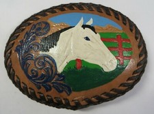 Vintage Leather Belt Buckle Hand Painted HORSE Stitched Wrapped Edge NOS Lovely
