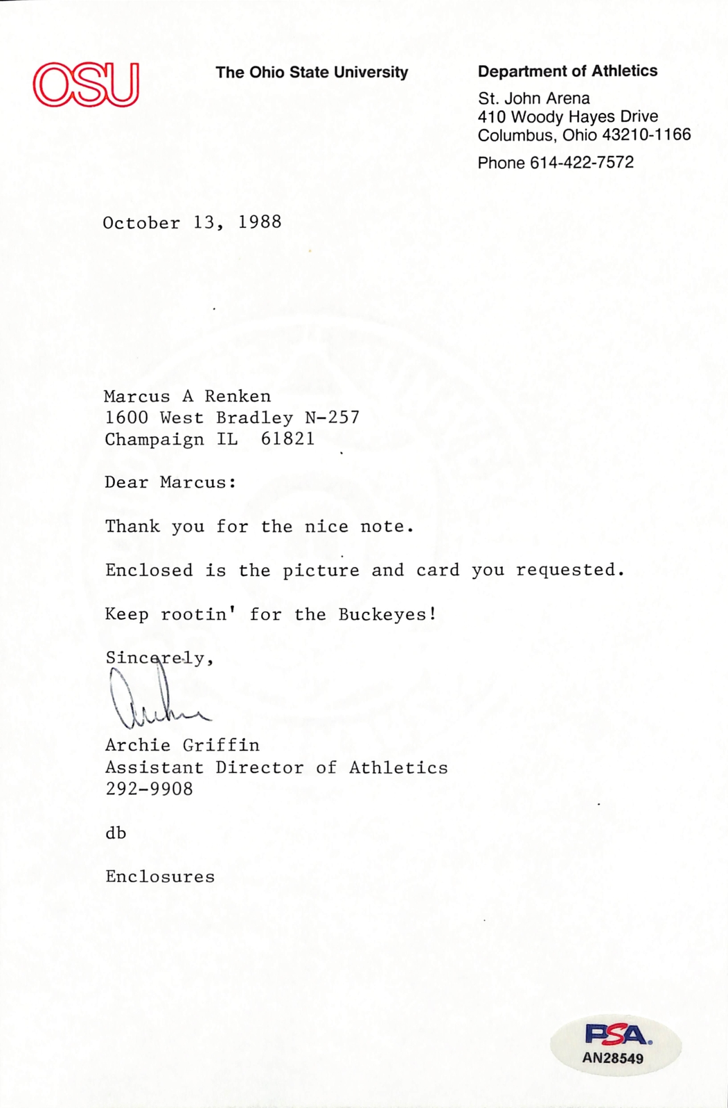 Archie Griffin Autographed Signed TLS Letter Ohio State 1973 1975 Heisman PSA/DNA 185246 