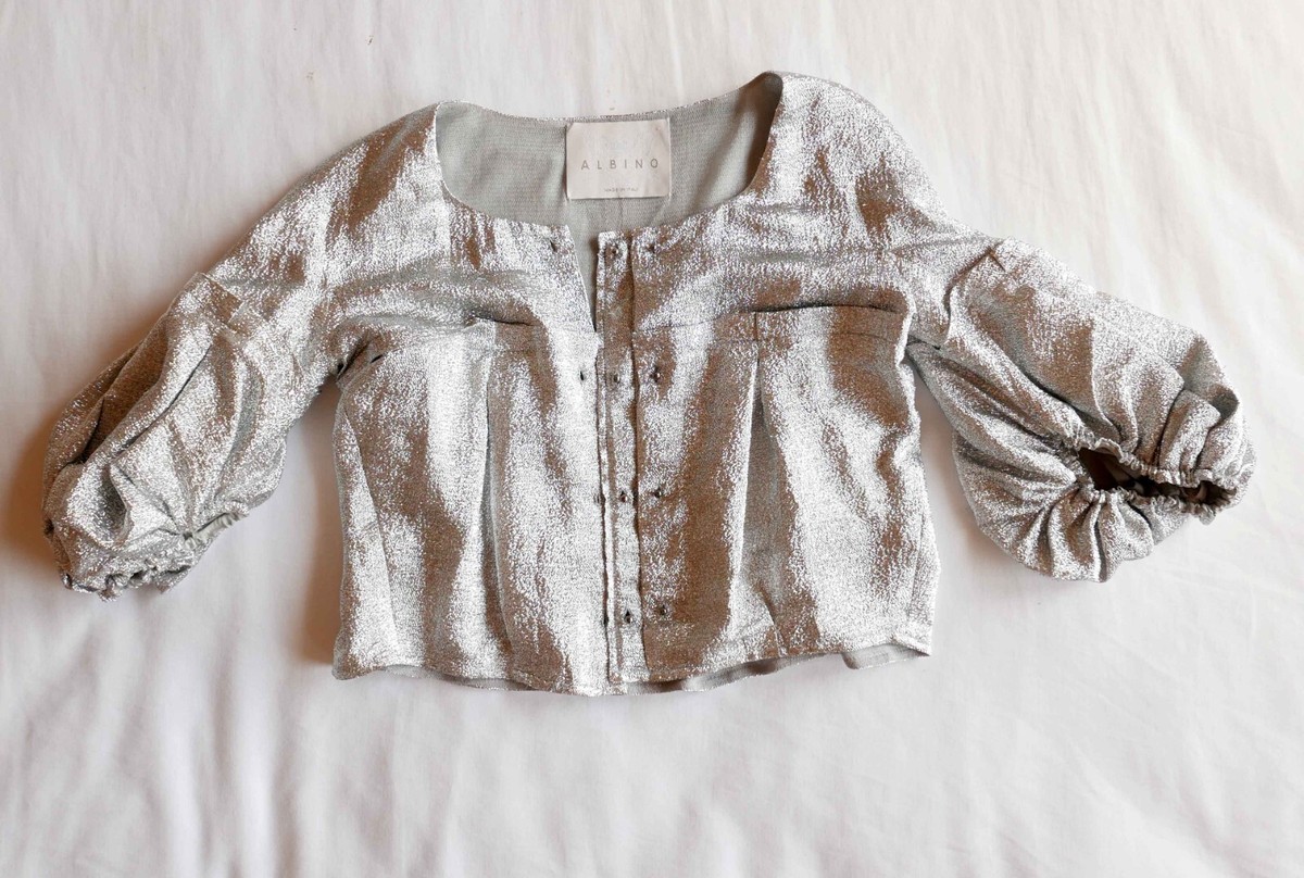 ALBINO Silver Lurex Cropped Silk Jacket Size 42 IT