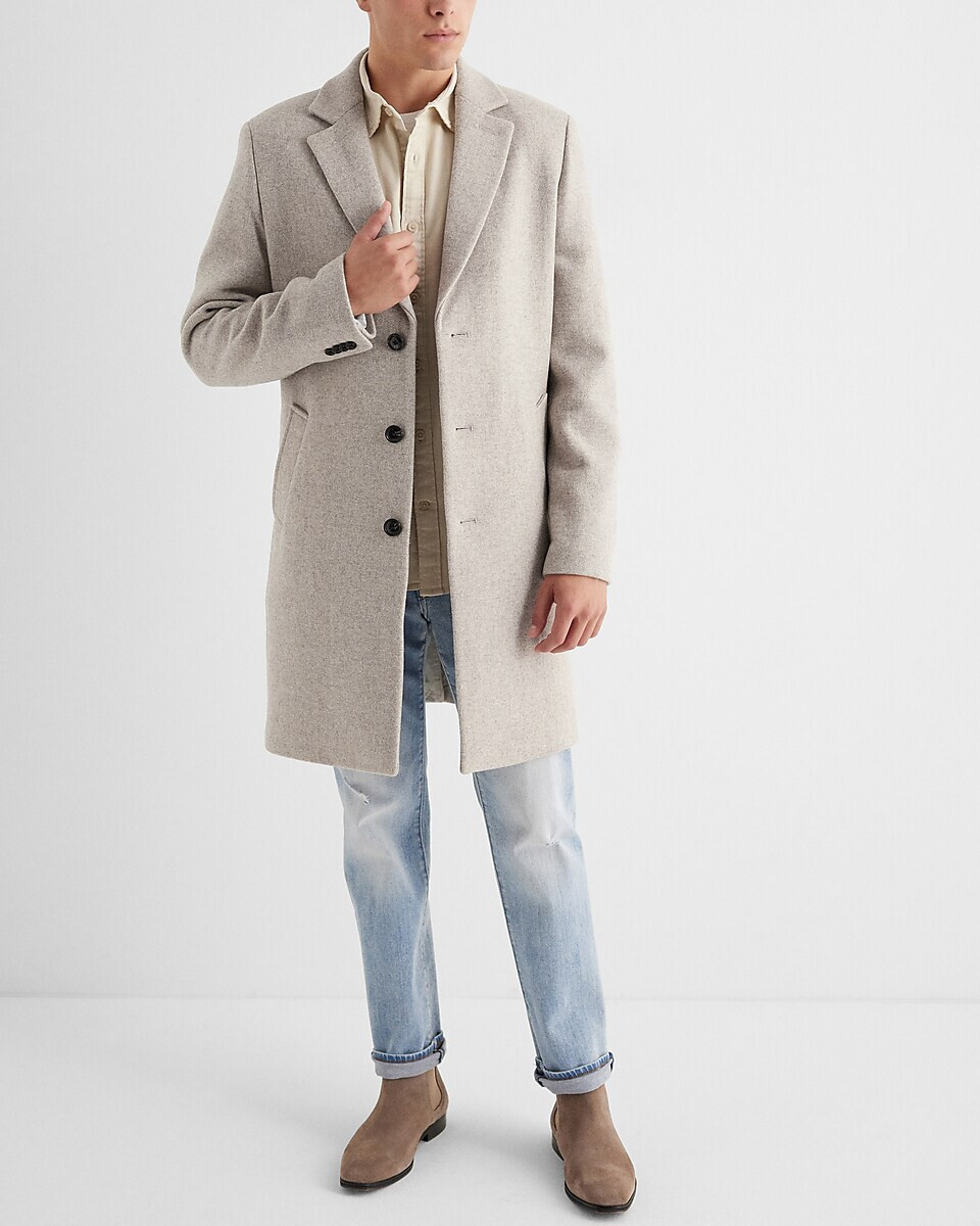 NEW EXPRESS $298 OATMEAL NOTCH COLLAR WOOL BLEND TOPCOAT NEW EXPRESS $298 OATMEAL NOTCH COLLAR WOOL BLEND TOPCOAT
