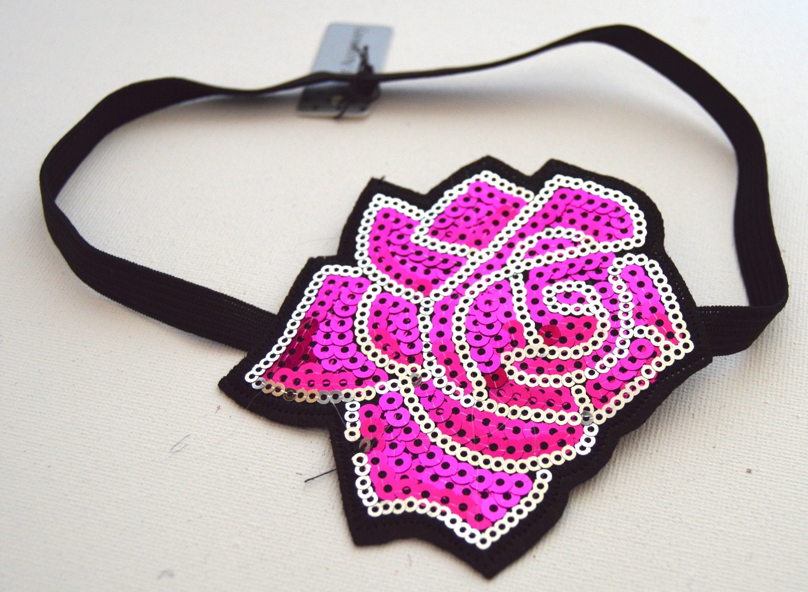NEW Fuchsia Pink Large Sequin Rose Black Stretch Bandeaux Browband Hair Fashion