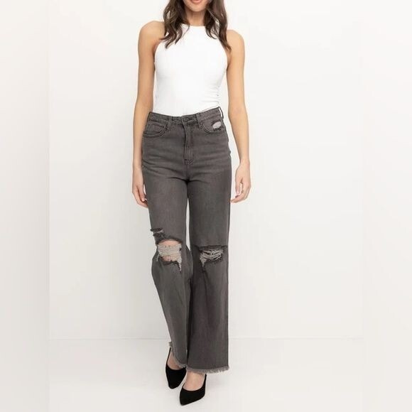 New PTCL Dahlia High Rise 90s Straight Leg Distressed Destroyed Jeans Sz 29