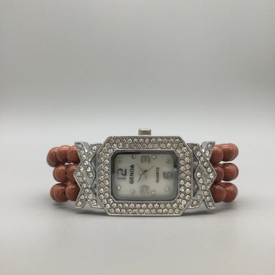 Vtg Genoa Watch Women 24mm Silver Tone MOP Brown Beaded Band New Battery 6.75" - Image 4 of 4