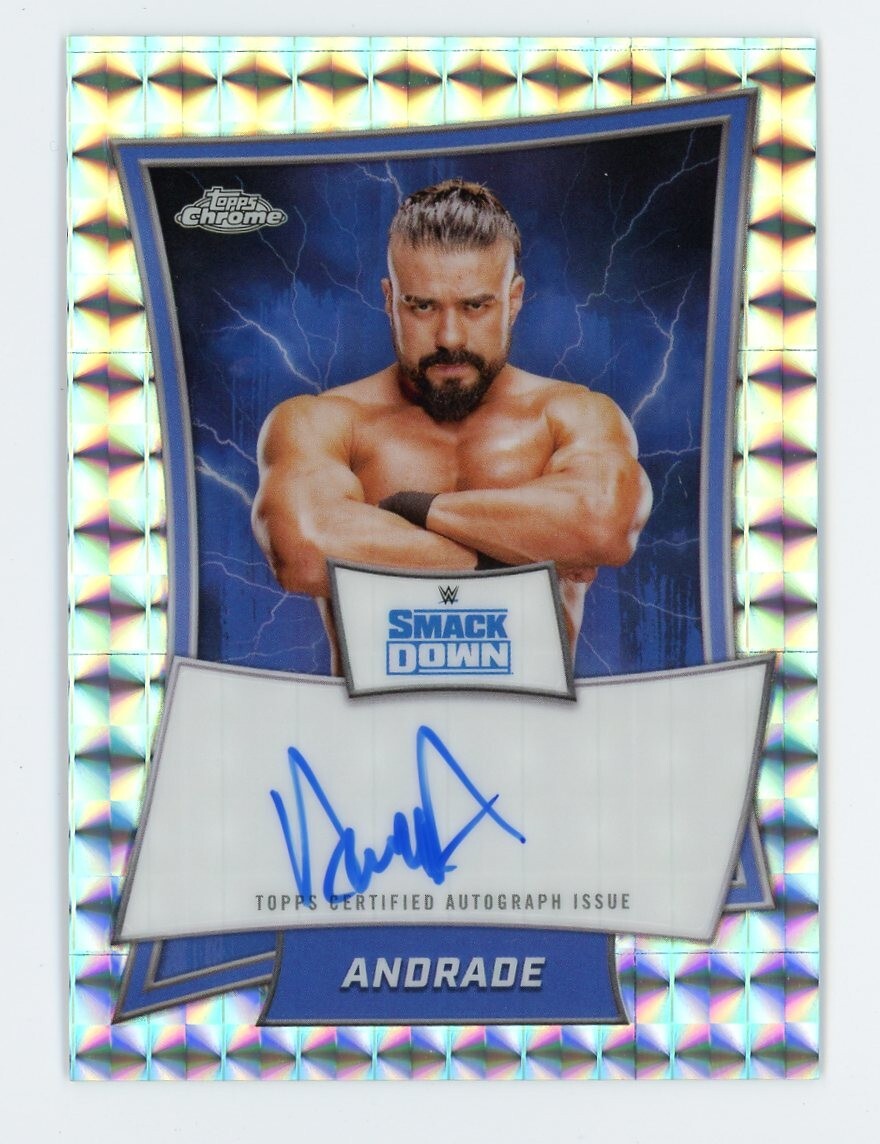 2025 Topps Chrome WWE Andrade Geometric Refractor Blue Brand Chrome Auto On Card