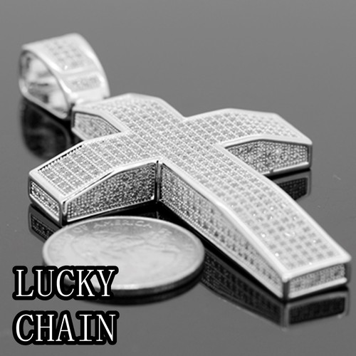 14K WHITE GOLD FINISH LAB DIAMOND SILVER CROSS PENDANT 36"CHAIN/104g IP90 - Picture 2 of 10