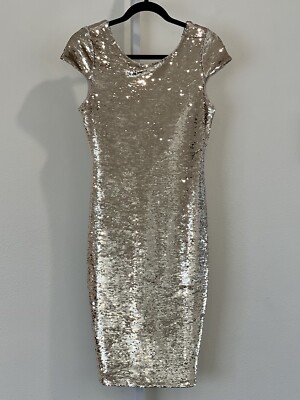 NEW Renn Short Sleeve Flip Reversible Sequin Gold Dress Size M | eBay