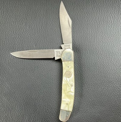 Vintage Owl Head Cracked Ice MOP Handle 2 blade Pocket knife Solingen Germany