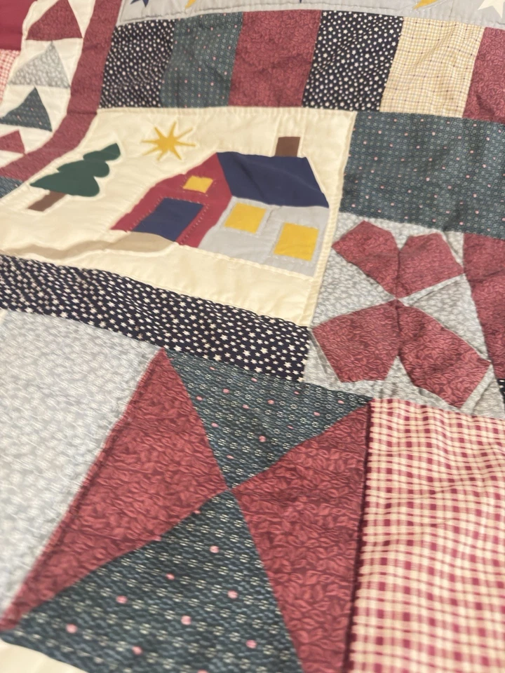 Handmade Winter Christmas Patchwork Appliqué Quilt Queen Sized Snowmen Holiday - Image 2 of 4