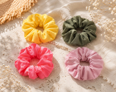 4er Set einfarbige Scrunchies, in neon pink, salmon pink, oliven grün und gelb