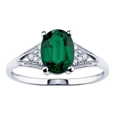 14K massiver ovaler Ring Weißgold Smaragd und Diamant Vintage-Stil
