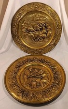 2 Vintage 14" & 15" Brass Tone Embossed Wall Hanging Plates Pub Bar Scene