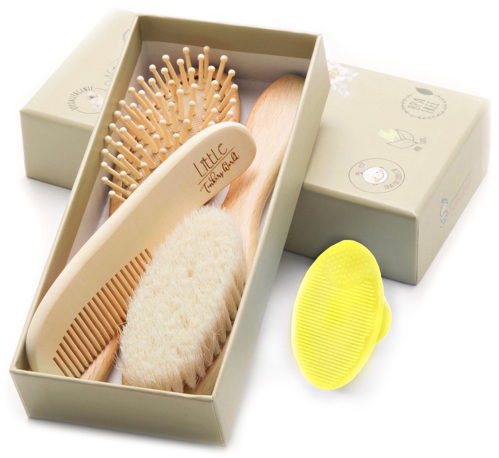Soft Wooden Baby Hair Brush & Comb Set for Newborns 4-Piece Gentle Bristles