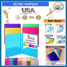 5 Pack Plastic Folders with Pockets and Prongs Letter Size Bright Colors