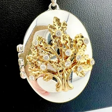 AVON Tree of Life Locket Necklace Silver Tone Gold Tone Rhinestones 32”
