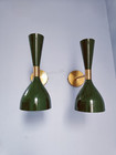 1950s Mid-Century Modern Brass Diabolo Wall Sconce Pair Handmade Green Scone