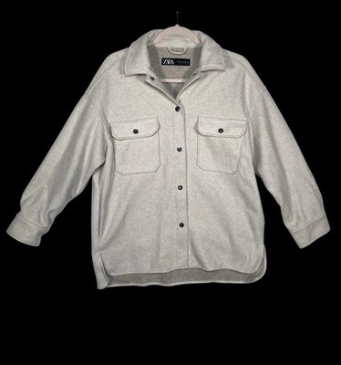 ZARA Oversized Shacket M Oatmeal Heather Gray Snap Button Jacket Cozy Scandi