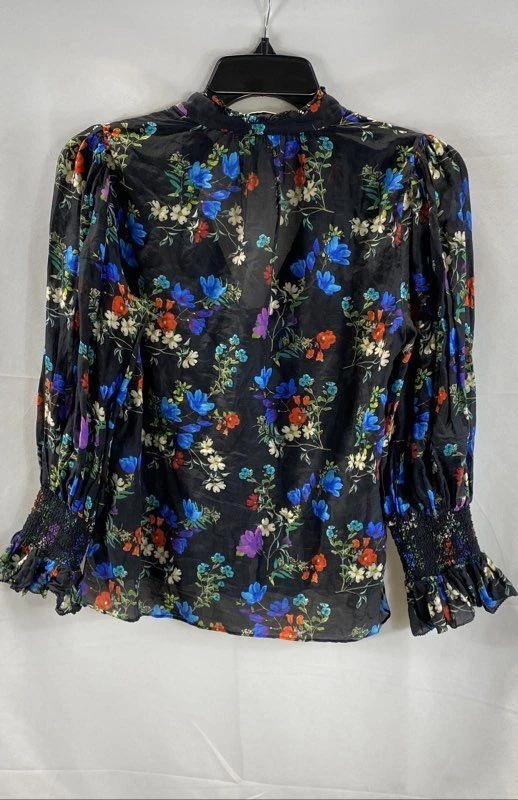 Blusa para mujer Alice + Olivia Willa negra floral mezcla de seda manga abullonada XS Foto 2 de 4