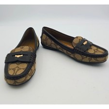 Coach Women 5B Penny Logo Driving Loafers Signature Jacquard Fabric Classic Flat