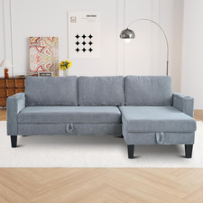 83" L-Shaped Corduroy Sleeper Sofa Bed with Pull-Out Bed, 2 Cup Holders, Storage