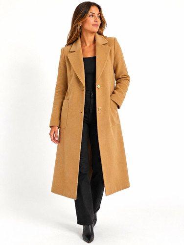 Massimo Dutti Women’s Camel Wool Lined Long Overcoat Button Front Pockets 10