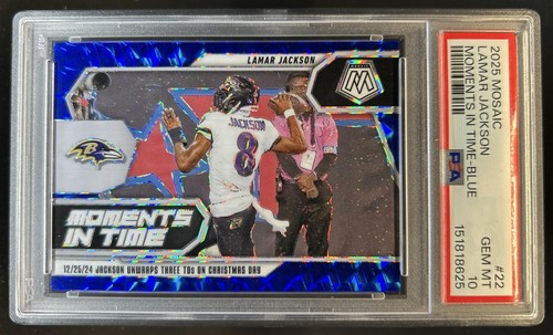 2025 Panini Mosaic Lamar Jackson Moments in Time Blue Prizm #/99 Ravens PSA 10