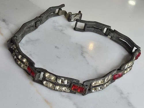 Vintage Art Deco Rhinestone Bracelet Silver Tone Paste Metal Jewelry