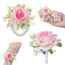 Wrist Corsage and Boutonniere Set, 2Pcs Artificial Rose Flower Corsage Wristl
