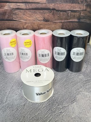 Lot of 6 Tulle Ribbon Rolls Pink Black + Yama Mega Silver Craft